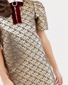 Sister Jane Gold Structured Shift Dress Velvet Bow